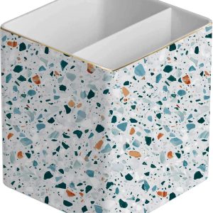 Ceramic Terrazzo Multifunctional Pen Holder Desk Organiser with 2 Compartments, Light Blue