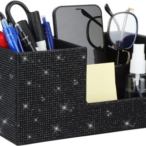 Bling Rhinestone Multifunctional Pen Holder Storage Box for Desk, White