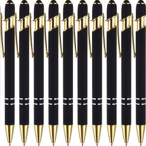 12 Pack Nice Black Pens Ballpoint Pens Stylus Pen for Touchscreen | 1.0mm Smooth Writing Black Ink Pen, Metal Gold Ballpoint Pen with Stylus Tip