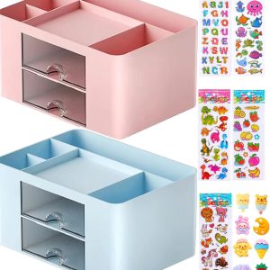 Multifunctional Pen Holder Desk Organiser with Drawers and 5 Compartments, Pink+Blue
